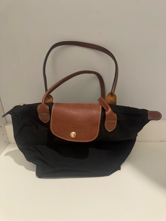 Longchamp Handbags - Longchamp Black Nylon Tote with Brown Leather Trim
